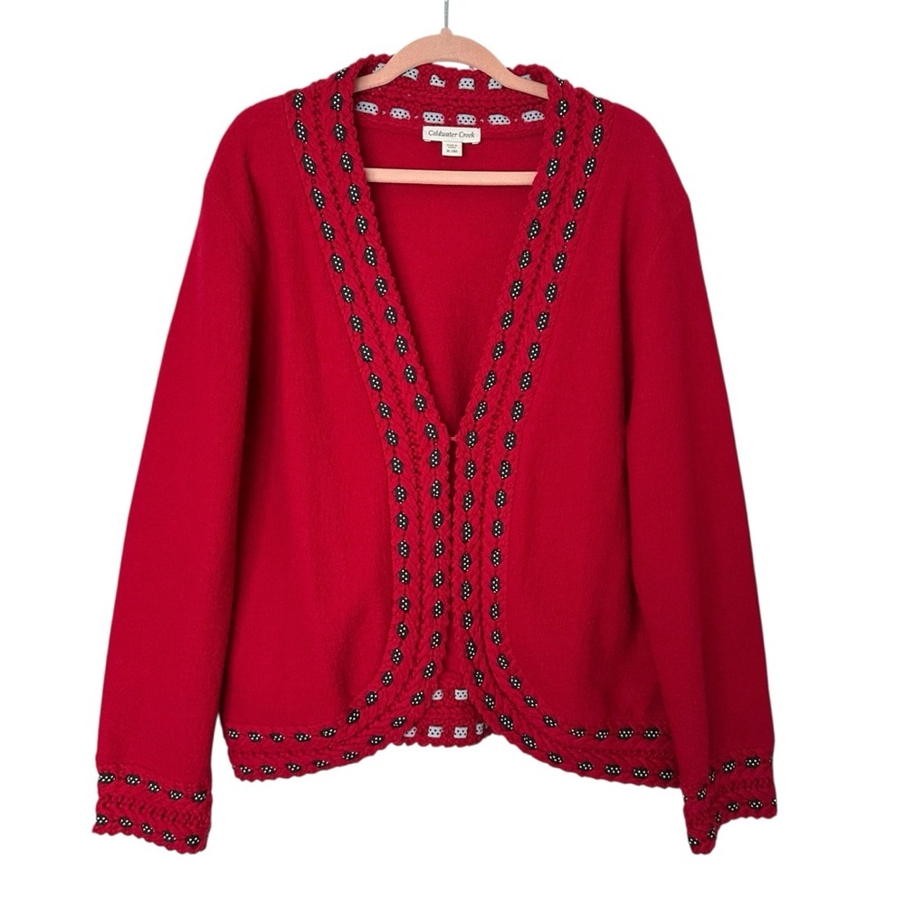 COLDWATER CREEK‎ 100% Wool Red Cardigan Sweater Nordic Folk Crochet Trim XL